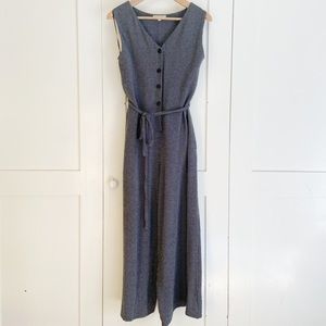 Blue gray pinstripe sleeveless jumpsuit with belt